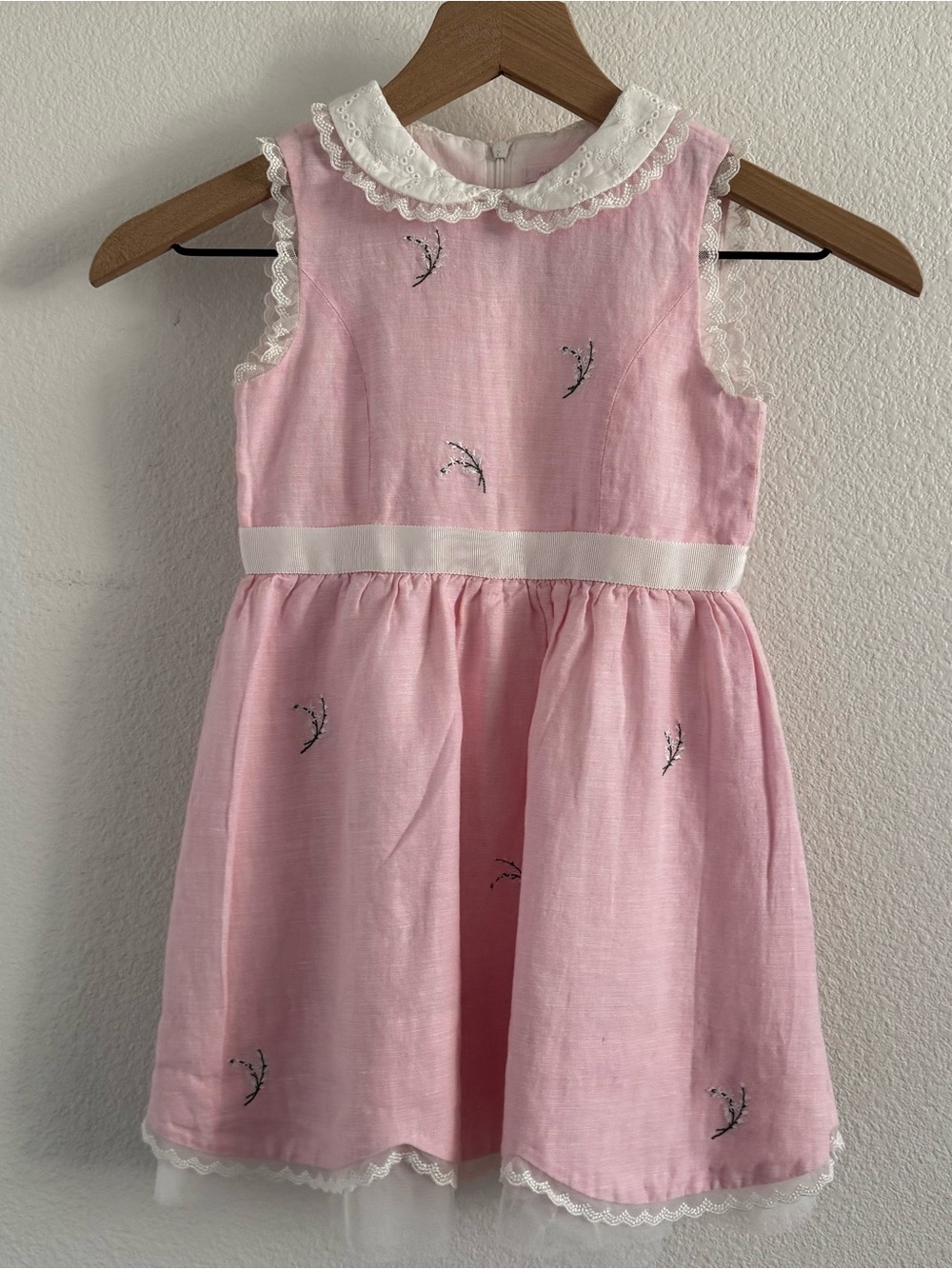 Nicholas & Bears Embroidered Pink Linen Dress w/ Lace Collar Size 6